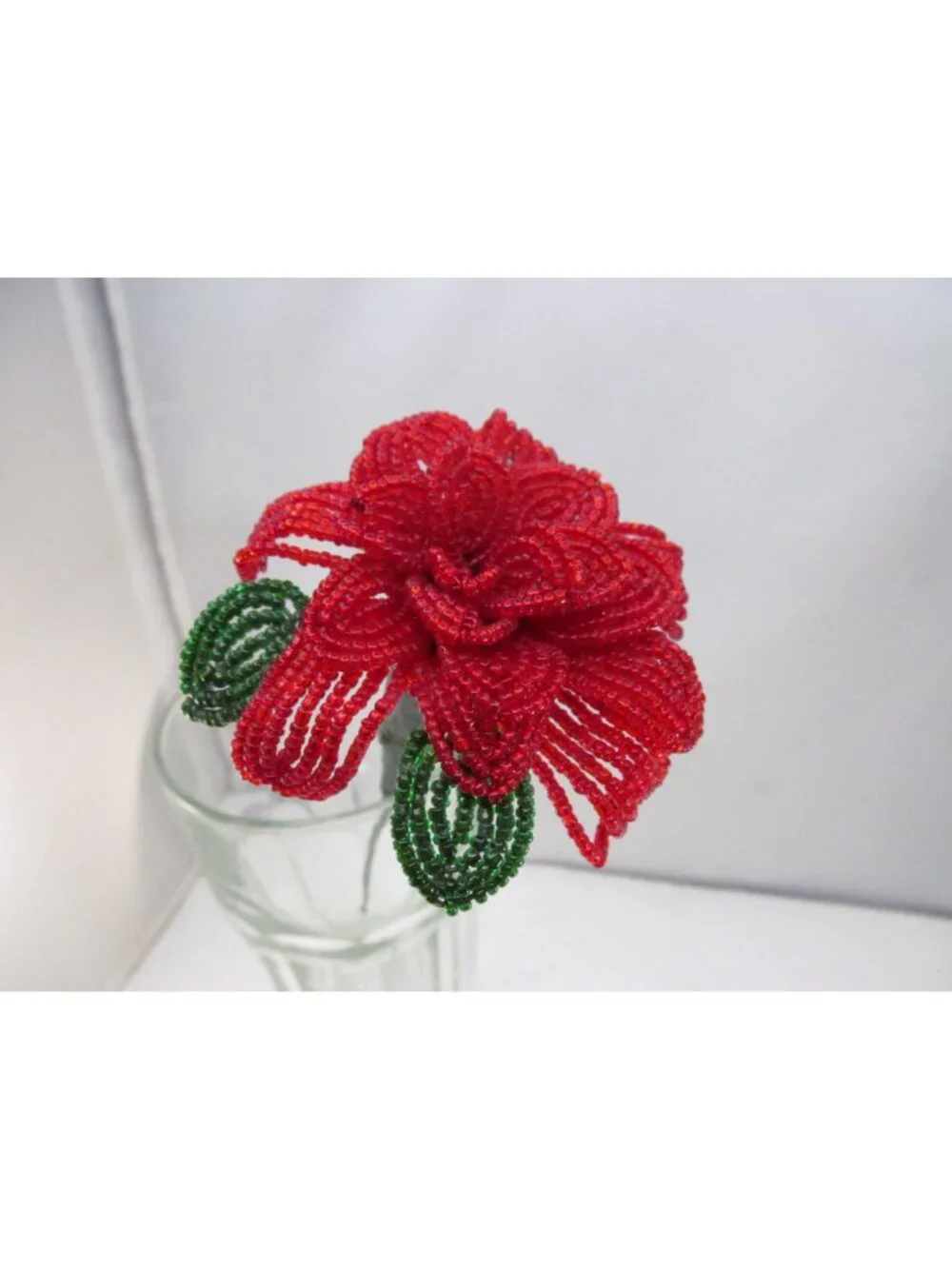 Handcrafted Red & Green French Beaded Flower with Stem Home Decor Gift 11 inch